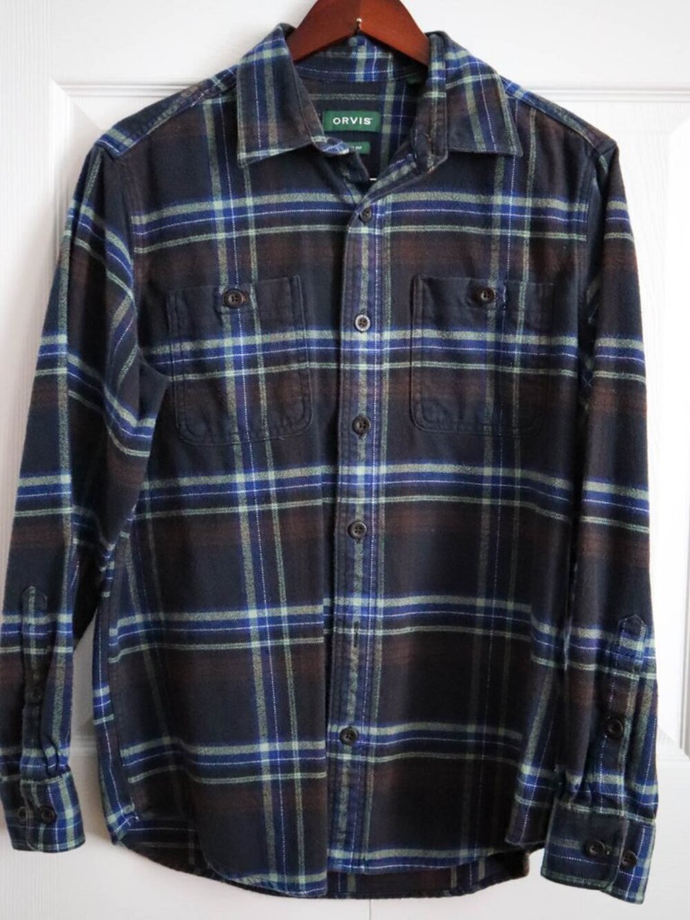 Orvis Perfect Flannel Shirt Classic Fit Blue Plaid Heavy 100% Cotton Men's Sz M